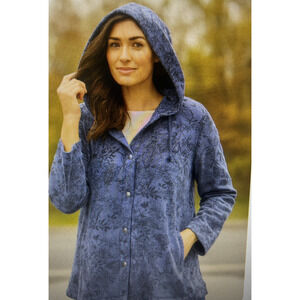 womens jacket Cardigan Sweater Medium Comfort Snap Front Hooded Floral Blue